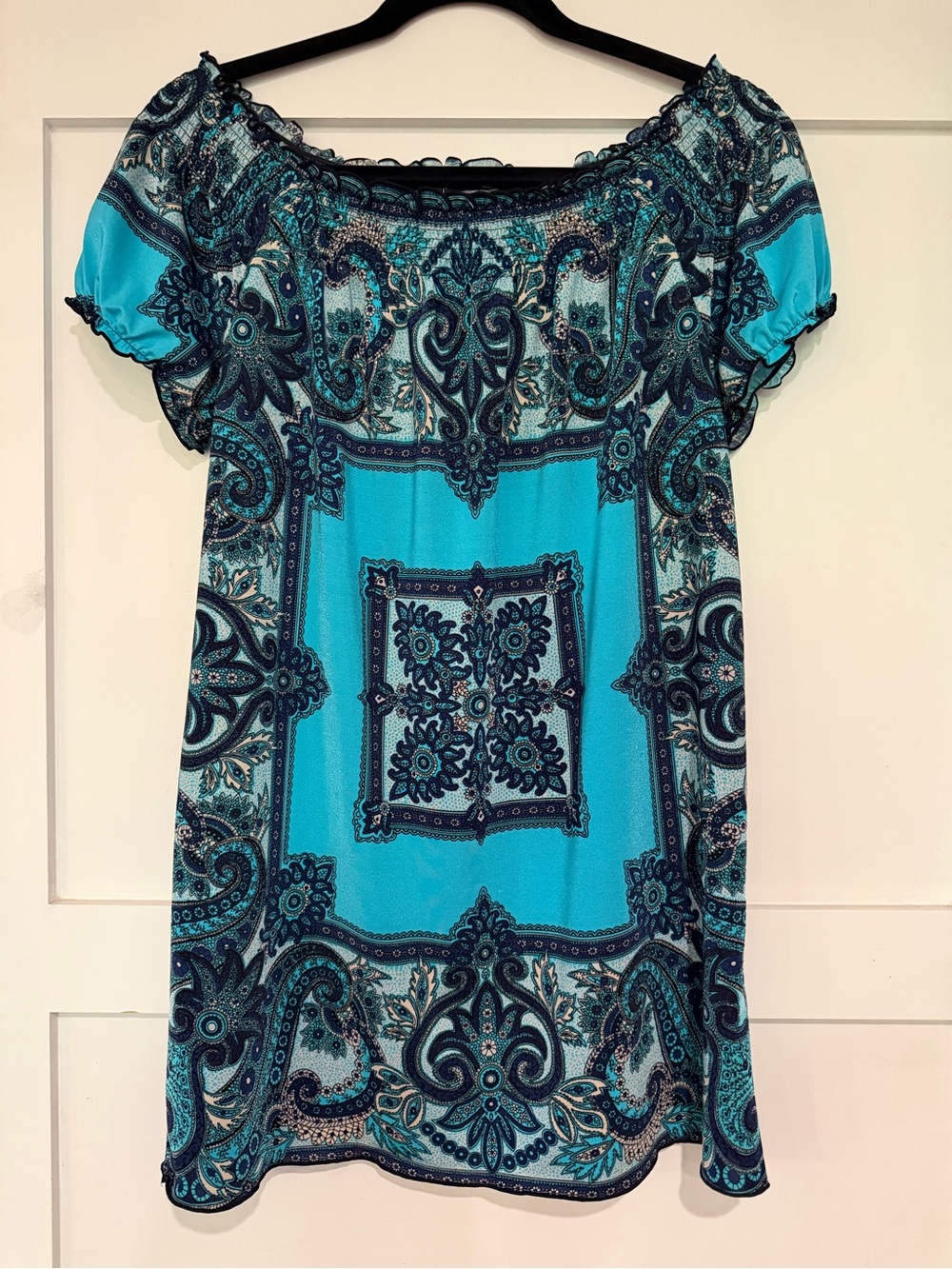 INC International Concepts Turquoise and Navy Paisley Off-Shoulder Tunic